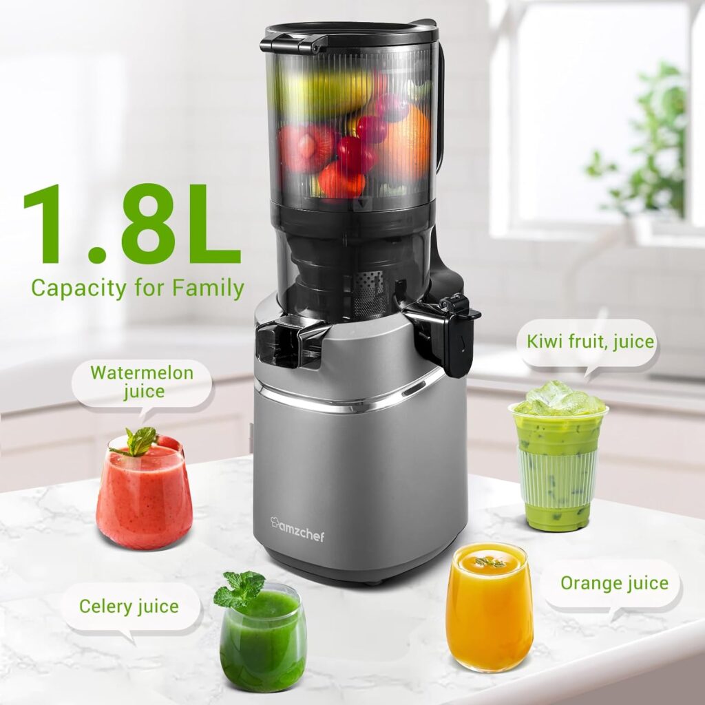 Juicer Machines, AMZCHEF 5.3-Inch Self-Feeding Masticating Juicer Fit Whole Fruits  Vegetables, Cold Press Electric Juicer Machines with High Juice Yield, Easy Cleaning, BPA Free, 250W