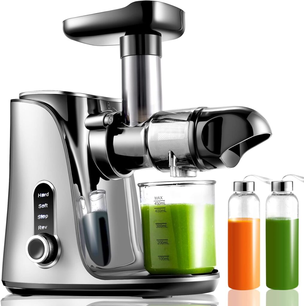 Juicer Machines,AMZCHEF Slow Masticating Juicer, Juicer with Two Speed Modes, Travel bottles(500ML),LED display, Easy to Clean Brush  Quiet Motor for VegetablesFruits (Gray, GM3001)