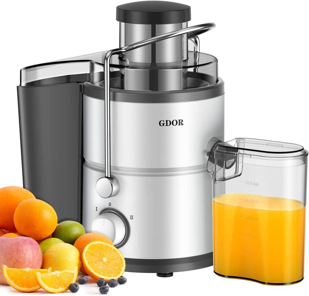 Juicer with 800W Motor, GDOR Juicer Machine with 3” Feed Chute, Dual Speeds Juice Maker for Fruits and Veggies, Anti-Drip Function Centrifugal Juicer, Include Cleaning Brush, BPA-Free, White