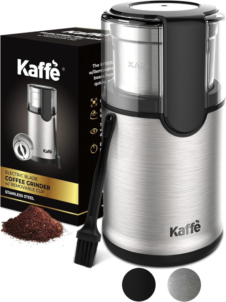 Kaffe Electric Coffee Bean Grinder w/Removable Cup  Cleaning Brush. Easy On/Off Operation for Espresso, Cold Brew, Herbs, Spices, Nuts. (14 Cup / 3.5oz) Stainless Steel