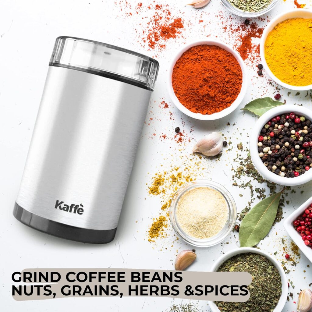 Kaffe Electric Coffee Bean Grinder w/Removable Cup  Cleaning Brush. Easy On/Off Operation for Espresso, Cold Brew, Herbs, Spices, Nuts. (14 Cup / 3.5oz) Stainless Steel