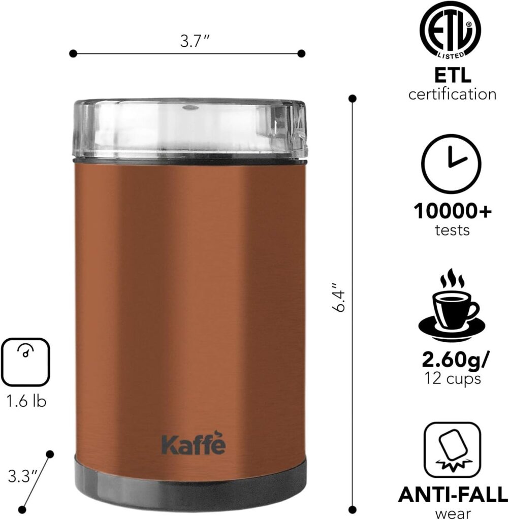 Kaffe Electric Coffee Bean Grinder w/Removable Cup  Cleaning Brush. Easy On/Off Operation for Espresso, Cold Brew, Herbs, Spices, Nuts. (14 Cup / 3.5oz) Stainless Steel