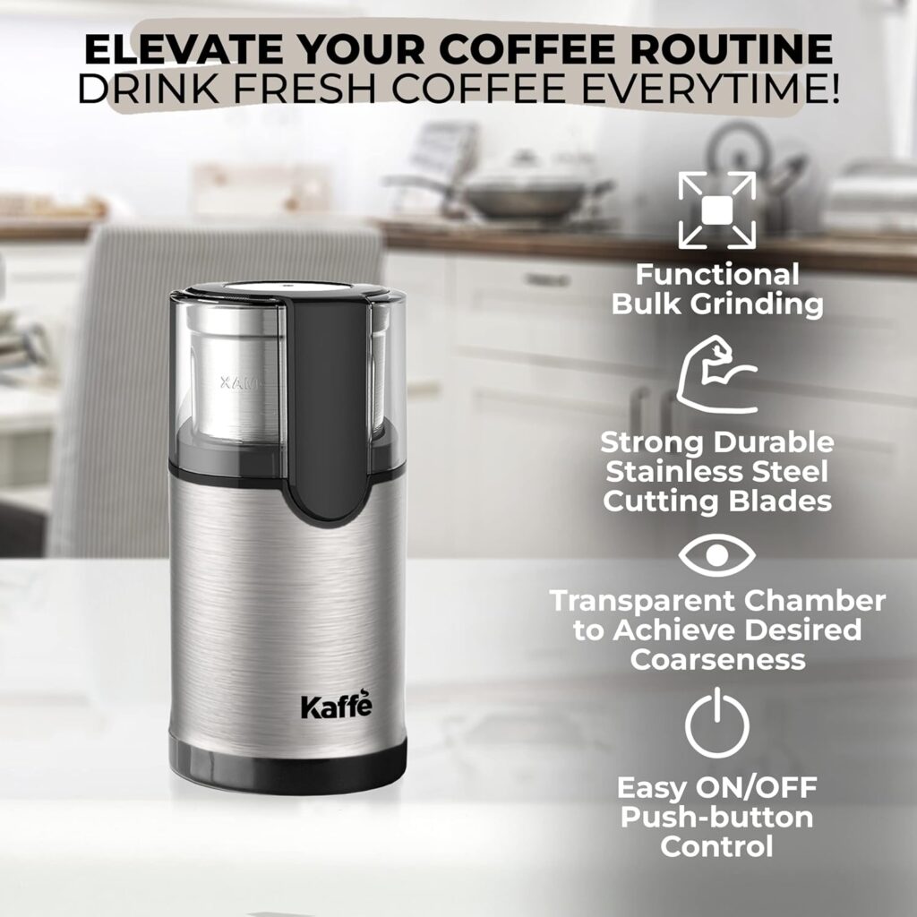 Kaffe Electric Coffee Bean Grinder w/Removable Cup  Cleaning Brush. Easy On/Off Operation for Espresso, Cold Brew, Herbs, Spices, Nuts. (14 Cup / 3.5oz) Stainless Steel