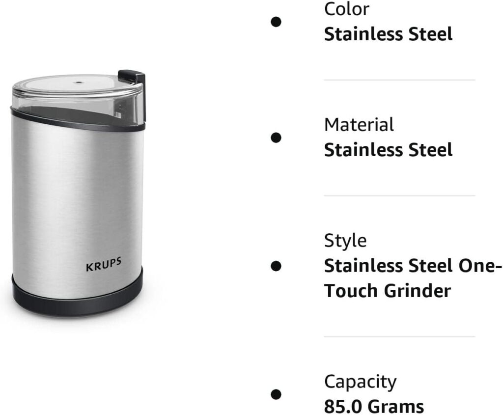 Krups Fast-Touch Stainless Steel Coffee and Spice Grinder 3oz, 85 gr bean hopper Easy to Use, One Touch Operation 200 Watts Coffee, Espresso, French Press, Spices, Dry Herbs, Nuts, 12 cups Silver