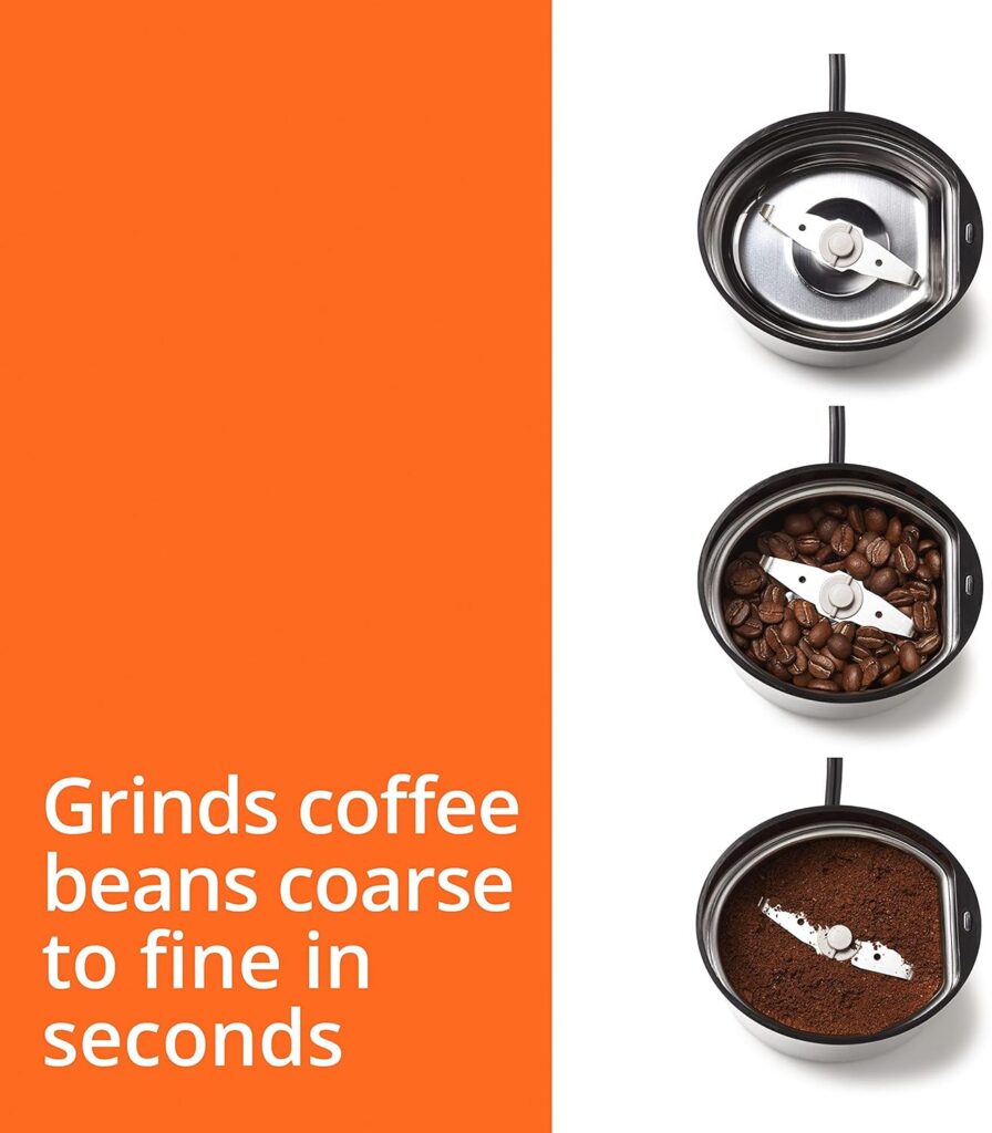 Krups Fast-Touch Stainless Steel Coffee and Spice Grinder 3oz, 85 gr bean hopper Easy to Use, One Touch Operation 200 Watts Coffee, Espresso, French Press, Spices, Dry Herbs, Nuts, 12 cups Silver