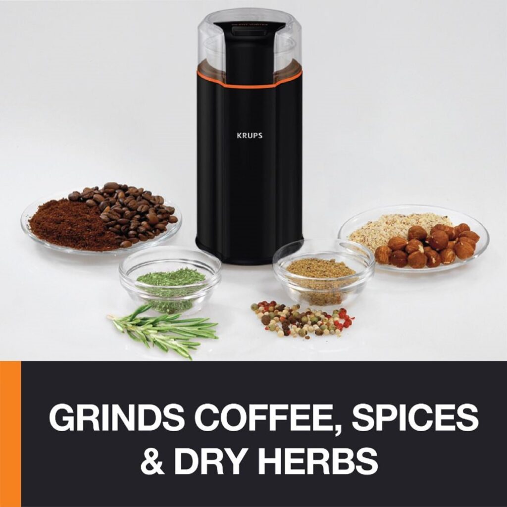 Krups Fast-Touch Stainless Steel Coffee and Spice Grinder 3oz, 85 gr bean hopper Easy to Use, One Touch Operation 200 Watts Coffee, Espresso, French Press, Spices, Dry Herbs, Nuts, 12 cups Silver