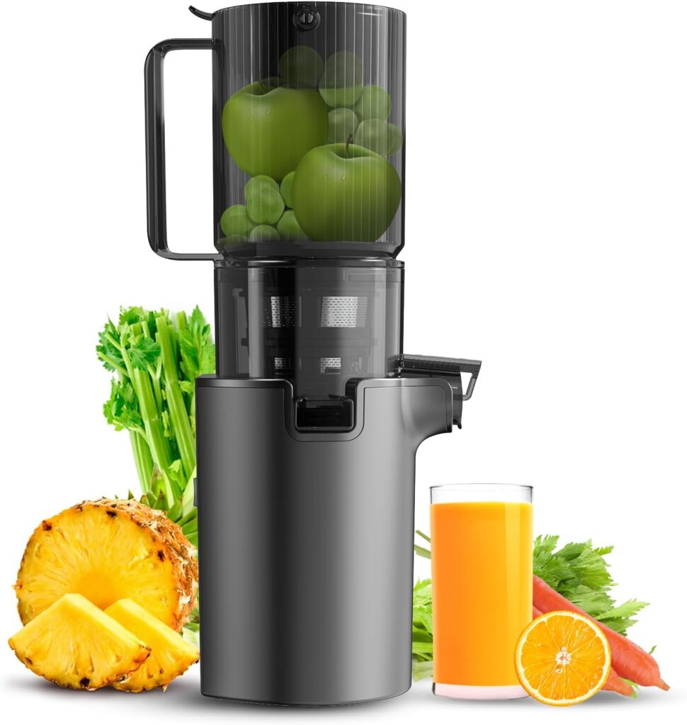 Masticating Juicer Machines, 4.1-inch (104MM) Slow Cold Press Juicer with Extra Wide Feed Chute, Pure Citrus Juicer for Vegetables and Fruits, Easy to Clean with Brush