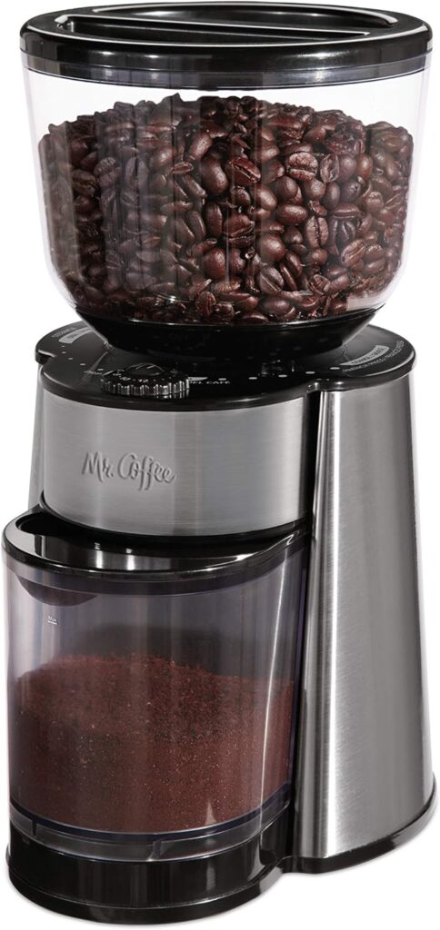 Mr. Coffee Burr Coffee Grinder, Automatic Grinder with 18 Presets for French Press, Drip Coffee, and Espresso, 18-Cup Capacity, Stainless Steel