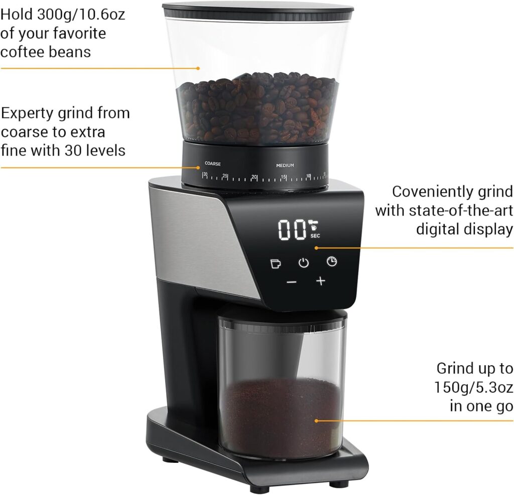 Ollygrin Coffee Grinder Electric Burr Mill, Conical Burr Espresso Coffee Grinder, Coffee Bean Grinder With 30 Adjustable Settings Precise Setting For 2-12 Cups Stainless Steel Silver