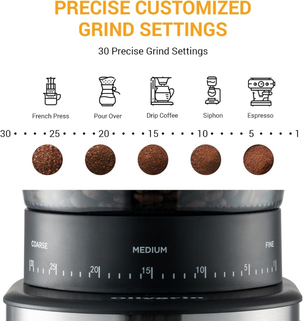 Ollygrin Coffee Grinder Electric Burr Mill, Conical Burr Espresso Coffee Grinder, Coffee Bean Grinder With 30 Adjustable Settings Precise Setting For 2-12 Cups Stainless Steel Silver