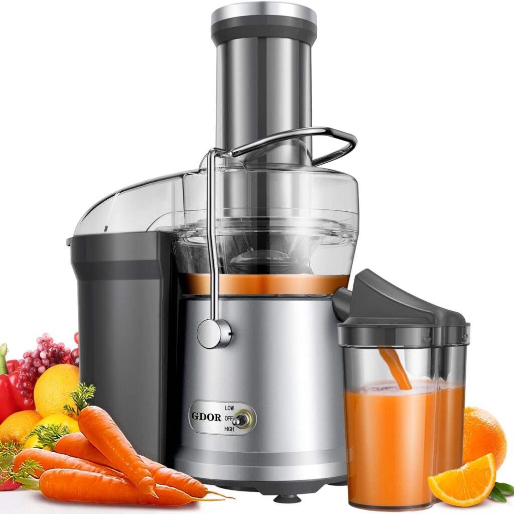 Powerful 1200W GDOR Juicer with Larger 3.2 Feed Chute, Titanium Enhanced Cutting System, Centrifugal Juice Extractor Maker with Heavy Duty Full Copper Motor, Dual Speeds, BPA-Free, Silver