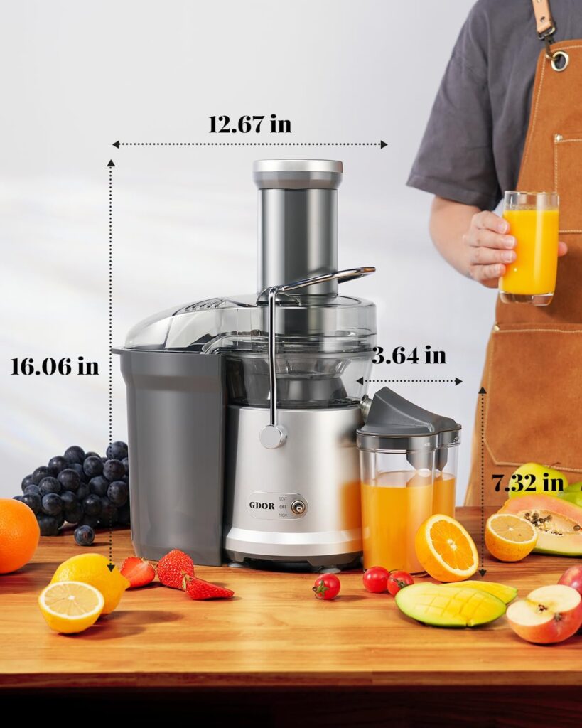 Powerful 1200W GDOR Juicer with Larger 3.2 Feed Chute, Titanium Enhanced Cutting System, Centrifugal Juice Extractor Maker with Heavy Duty Full Copper Motor, Dual Speeds, BPA-Free, Silver