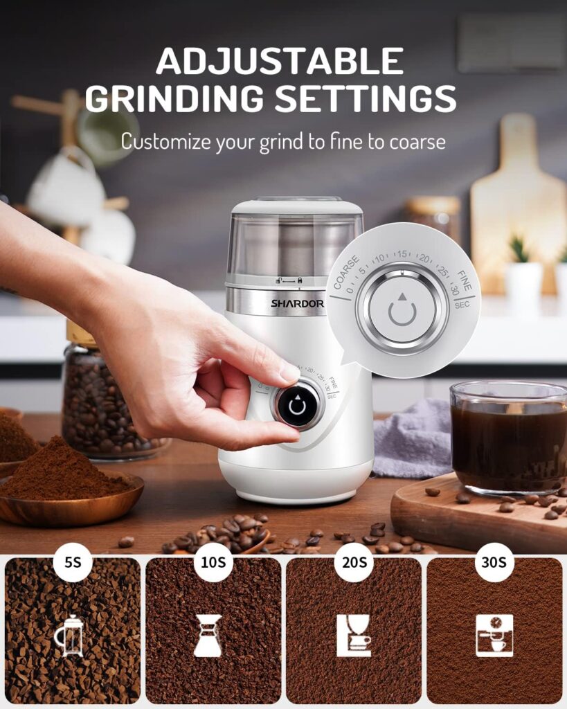 SHARDOR Adjustable Coffee Grinder Electric, Herb Grinder, Spice Grinder, Coffee Bean Grinder, Espresso Grinder with 1 Removable Stainless Steel Bowl, Silver