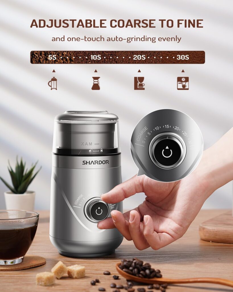 SHARDOR Adjustable Coffee Grinder Electric, Herb Grinder, Spice Grinder, Coffee Bean Grinder, Espresso Grinder with 1 Removable Stainless Steel Bowl, Silver