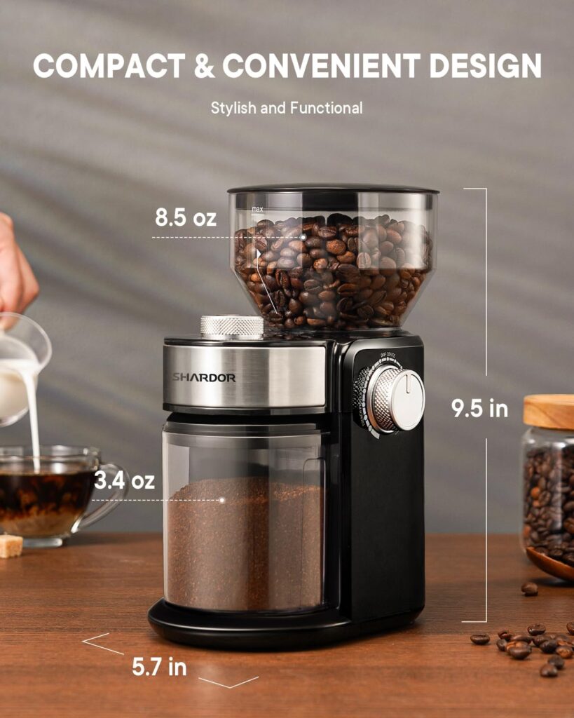 SHARDOR Coffee Grinder, Adjustable Burr Mill with 16 Precise Grind Setting for 2-14 Cup, Silver