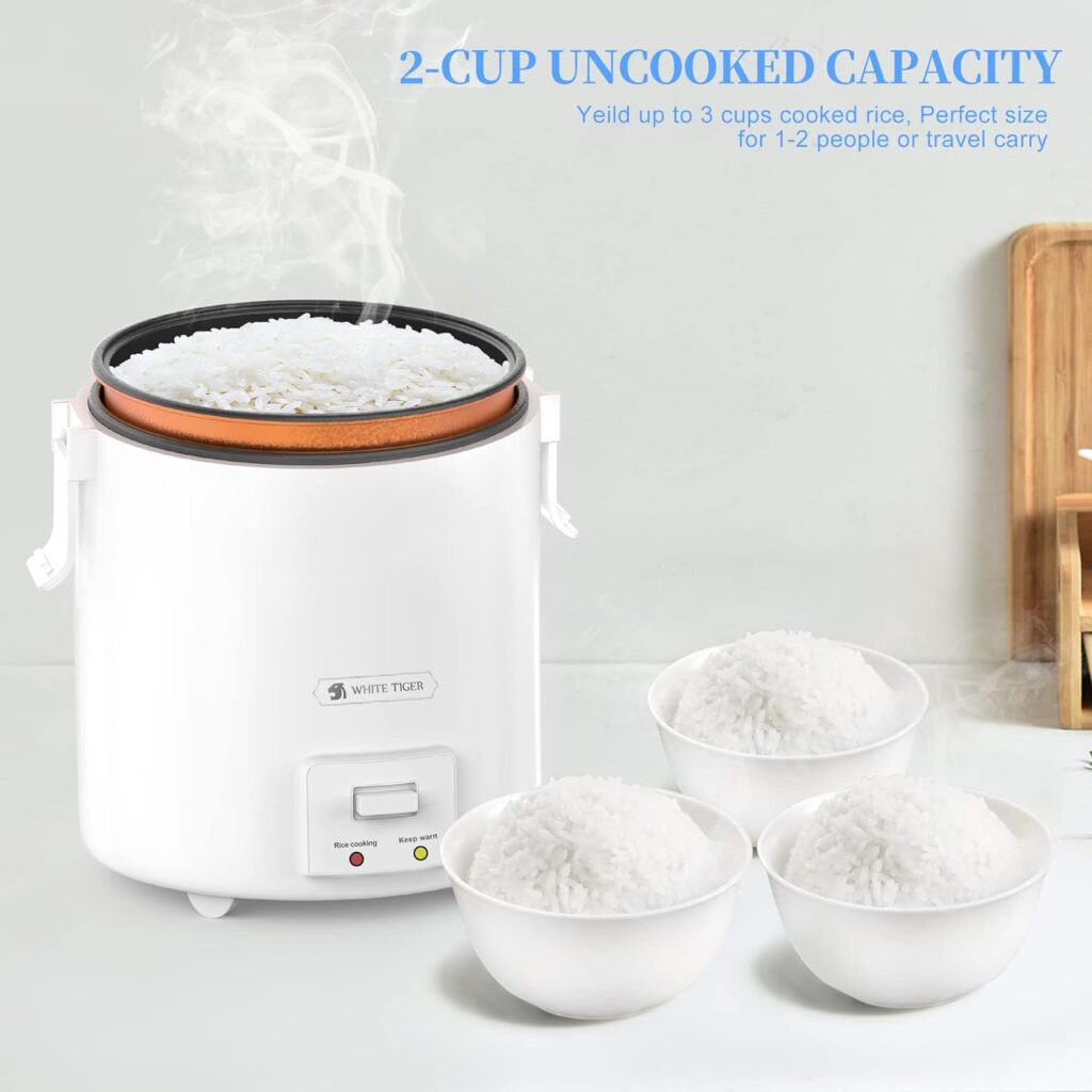 1.0L Mini Rice Cooker,WHITE TIGER Portable Travel Steamer Small,15 Minutes Fast Cooking, Removable Non-stick Pot, Keep Warm, Suitable For 1-2 People - For Cooking Soup, Rice, Stews  Oatmeal