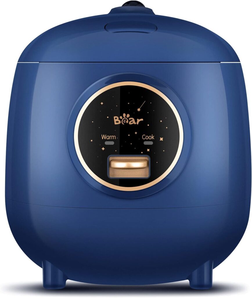 Bear Mini Rice Cooker 2 Cups Uncooked, 1.2L Portable Non-Stick Small Travel Rice Cooker, BPA Free, One Button to Cook and Keep Warm Function, Blue