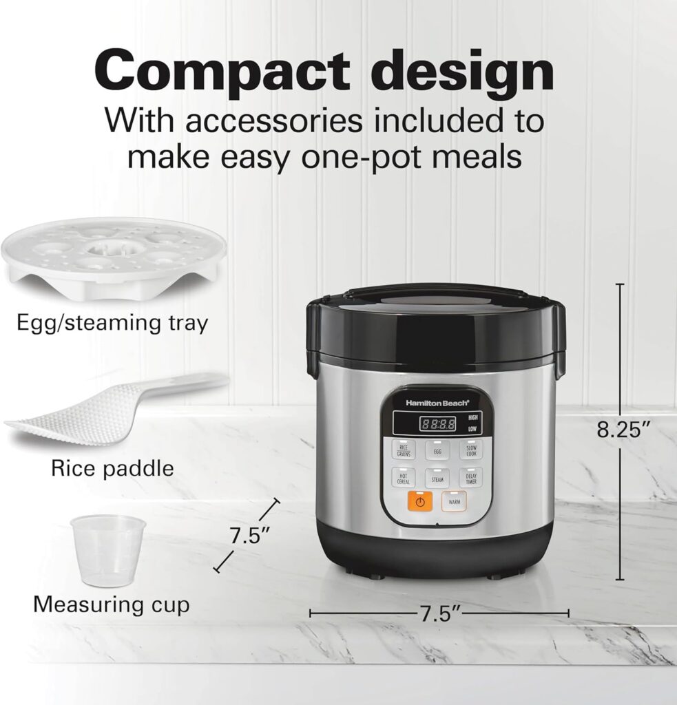 Hamilton Beach Digital Programmable Rice Cooker  Food Steamer, with Slow Hard-Boiled Egg Functions, Egg/Steam Tray, Small  Compact, 6 Cups Cooked (3 Uncooked), Stainless Steel (37524)