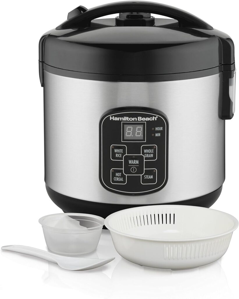 Hamilton Beach Digital Programmable Rice Cooker  Food Steamer, with Slow Hard-Boiled Egg Functions, Egg/Steam Tray, Small  Compact, 6 Cups Cooked (3 Uncooked), Stainless Steel (37524)