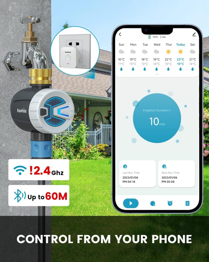 RAINPOINT WiFi Sprinkler Timer Water Timer, Brass Inlet Smart Hose Faucet Timer, Automatic Irrigation System Controller for Yard Watering, APP Control via 2.4Ghz WiFi and Bluetooth (V2, 2023 Release)