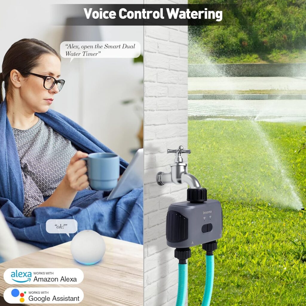 WiFi Sprinkler Timer, Insoma Smart Water Timer for Garden Hose, Automatic Irrigation System with WiFi Hub, Up to 20 Watering Plans, APP Control, Work with Alexa and Google Assistant, 2 Outlets