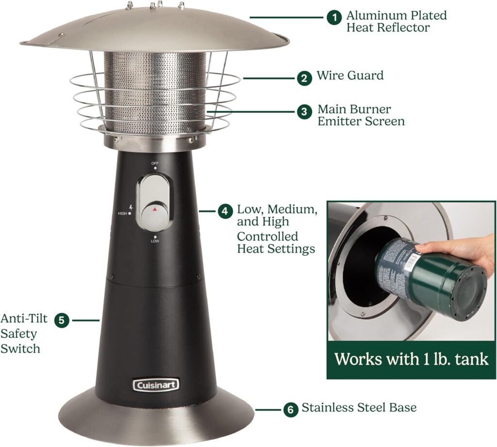 Cuisinart COH-500 Portable Tabletop Patio, 11,000 BTU Outdoor Propane Heater with Safety Tilt Switch and Burner Screen Guard, 30 sq. Foot Heat Range, Black