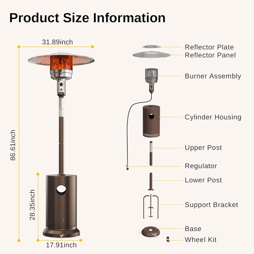 EAST OAK 48,000 BTU Patio Heater for Outdoor Use With Round Table Design, Double-Layer Stainless Steel Burner and Wheels, Outdoor Patio Heater for Home and Commercial, Bronze, 31.9 x 31.9 x 86.6