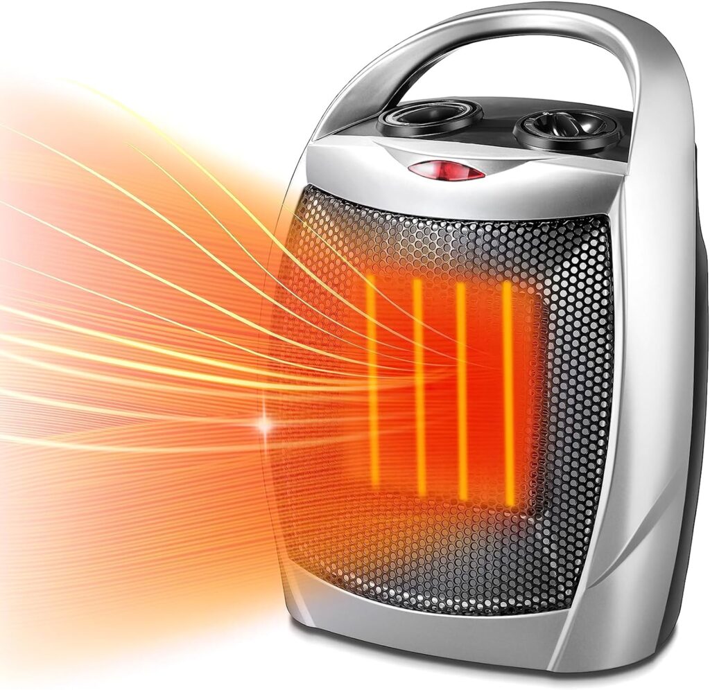 Kismile Small Electric Space Heater Ceramic Space Heater,Portable Heater Fan for Office with Adjustable Thermostat and Overheat Protection ETL Listed for Kitchen, 750W/1500W(Silver)