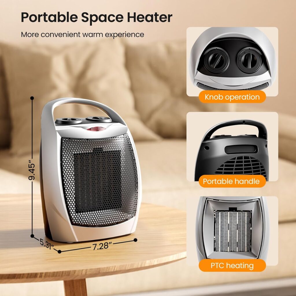 Kismile Small Electric Space Heater Ceramic Space Heater,Portable Heater Fan for Office with Adjustable Thermostat and Overheat Protection ETL Listed for Kitchen, 750W/1500W(Silver)