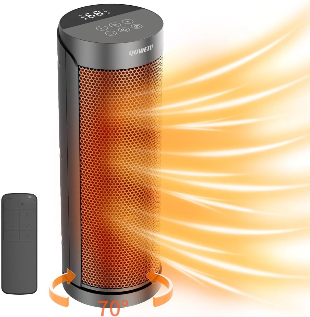 Portable Space Heater for Indoor Use with Remote - QOWETU 70° Oscillating Electric Heater, 17 Inchs, 12H Timer, 1500W Quiet PTC Ceramic Heating with Thermostat, Fast Safety Heat for Home, Bedroom