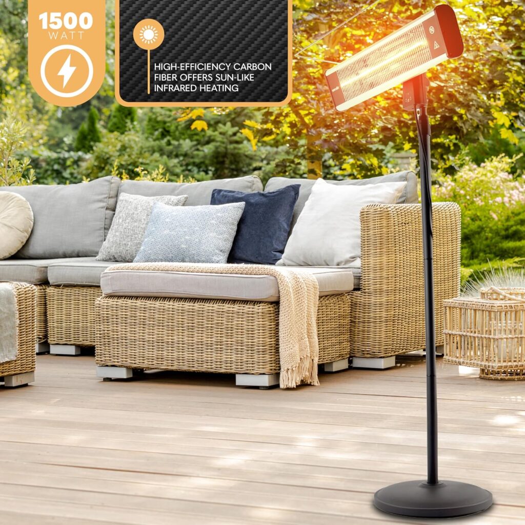 SereneLife Infrared Patio Heater, Electric Patio Heater for Indoor/Outdoor Use, Portable Stand Heater with Remote Control, 1500 W, for Restaurant, Patio, Backyard, Garage, Decks (Black)